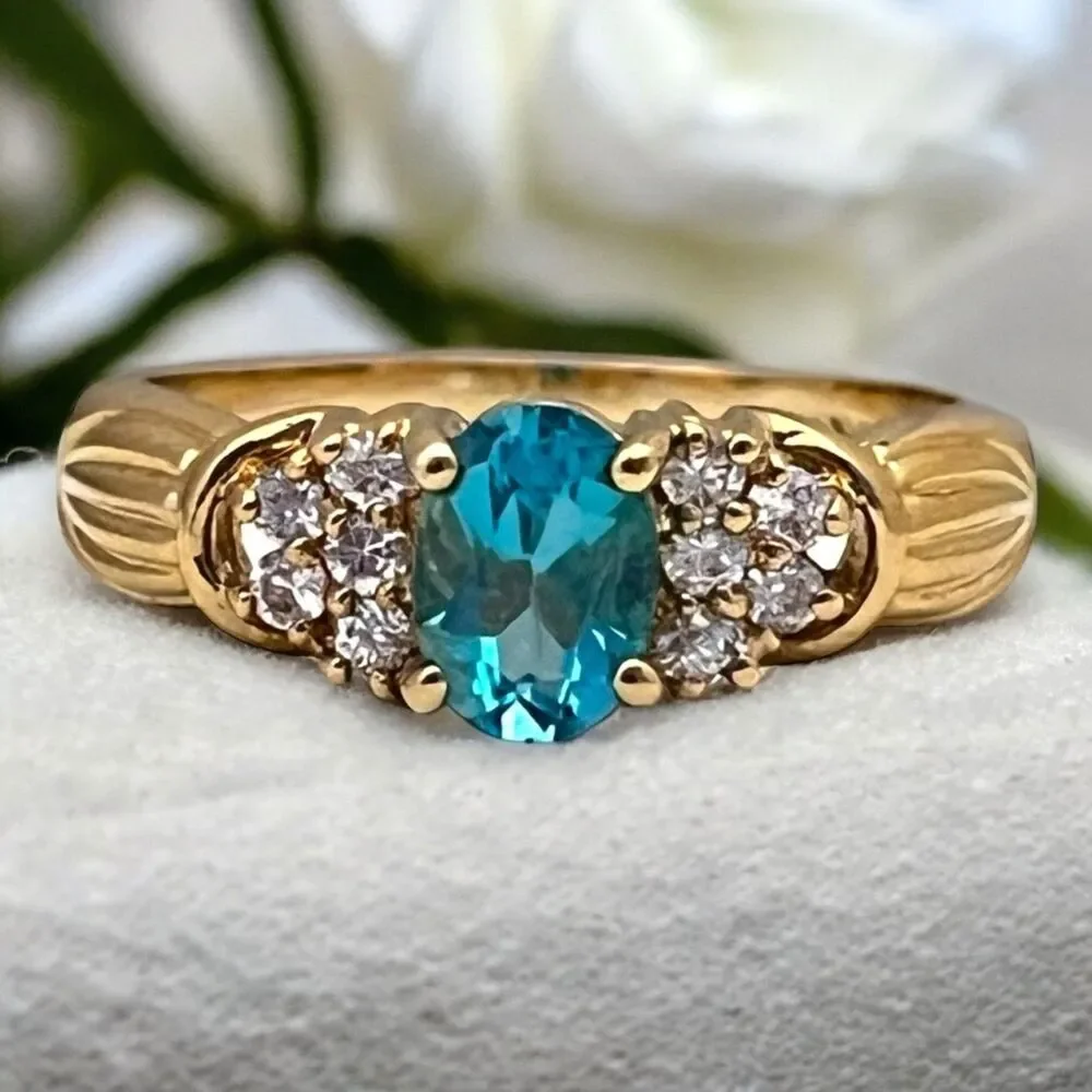 Vintage 1980s Blue CZ Ring Size 8 18KTGE Gold Plate Cluster - 14E
